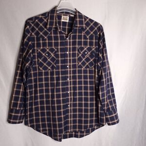 ELY Cattleman Men's Navy/Tan Pearl Snap Button Dow Long Sleeve Cowboy Shirt Sz L